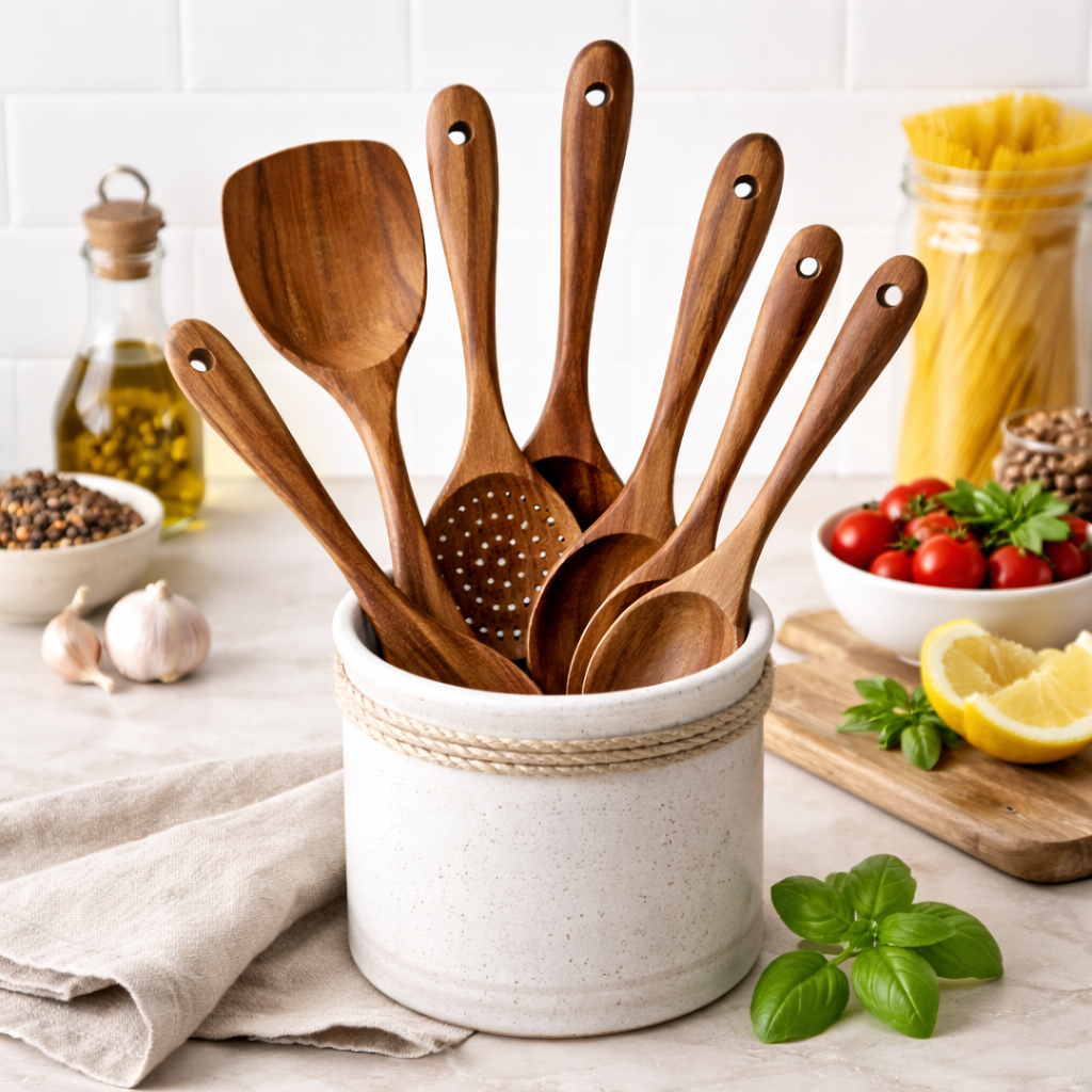Handcrafted Teak Kitchen Utensils - 7 Piece Full Set