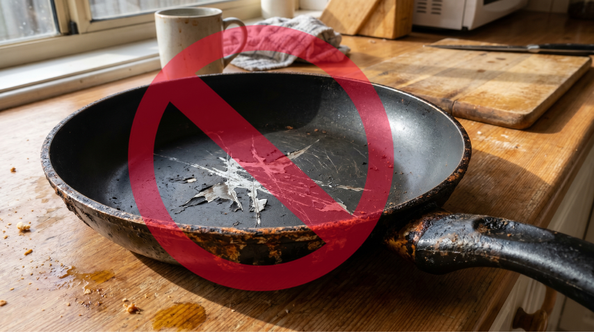 Worn non-stick pan vs pure titanium